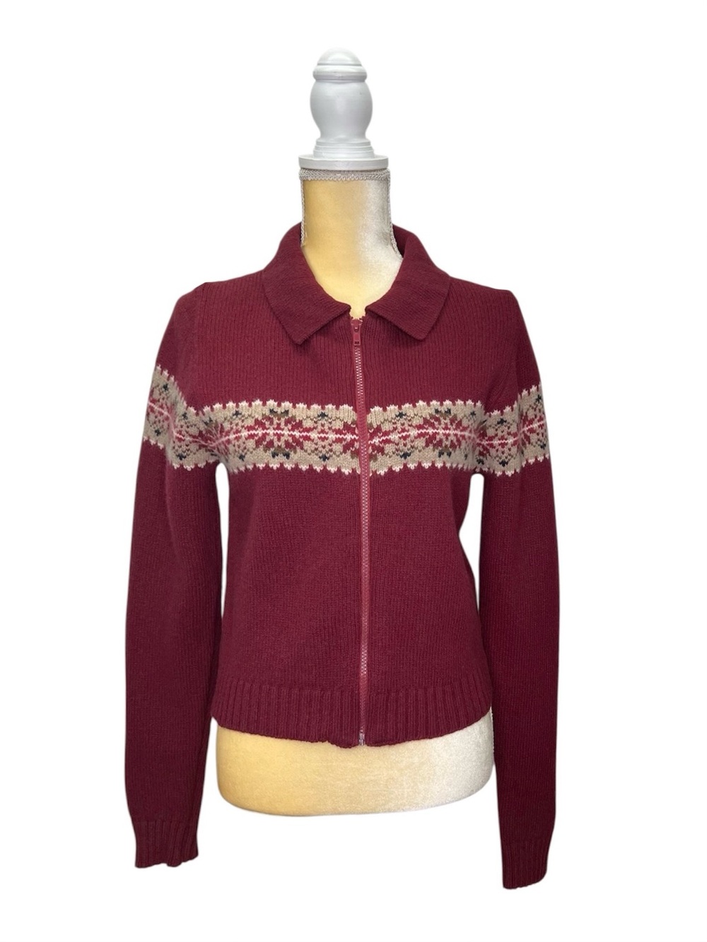 Brandy Melville Paola Fair Isle Zip-Up Wool Cardigan Sweater Burgundy & Tan EUC